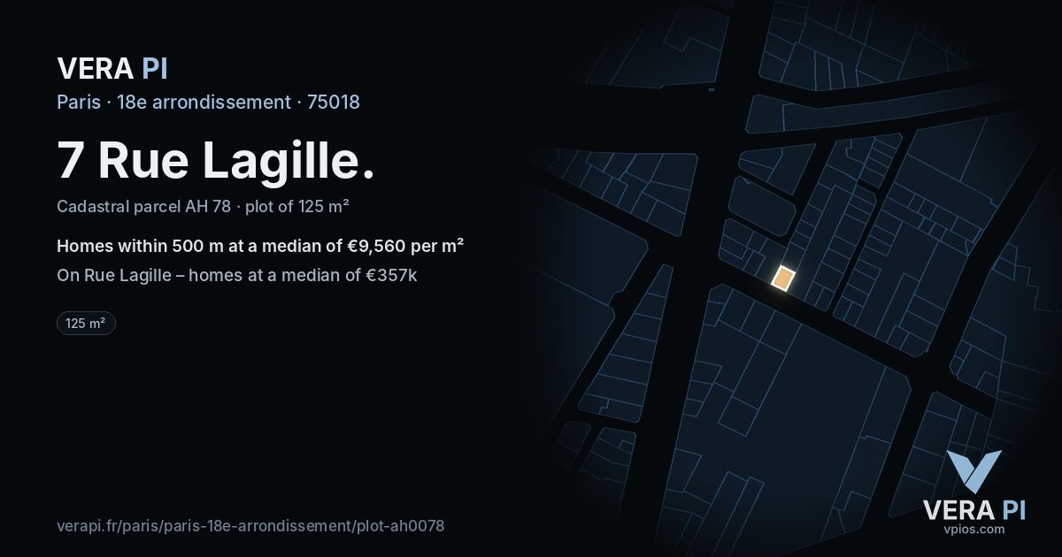 7 Rue Lagille, 18e arrondissement at night – the plot lit, the parcels around coloured by the prices near them