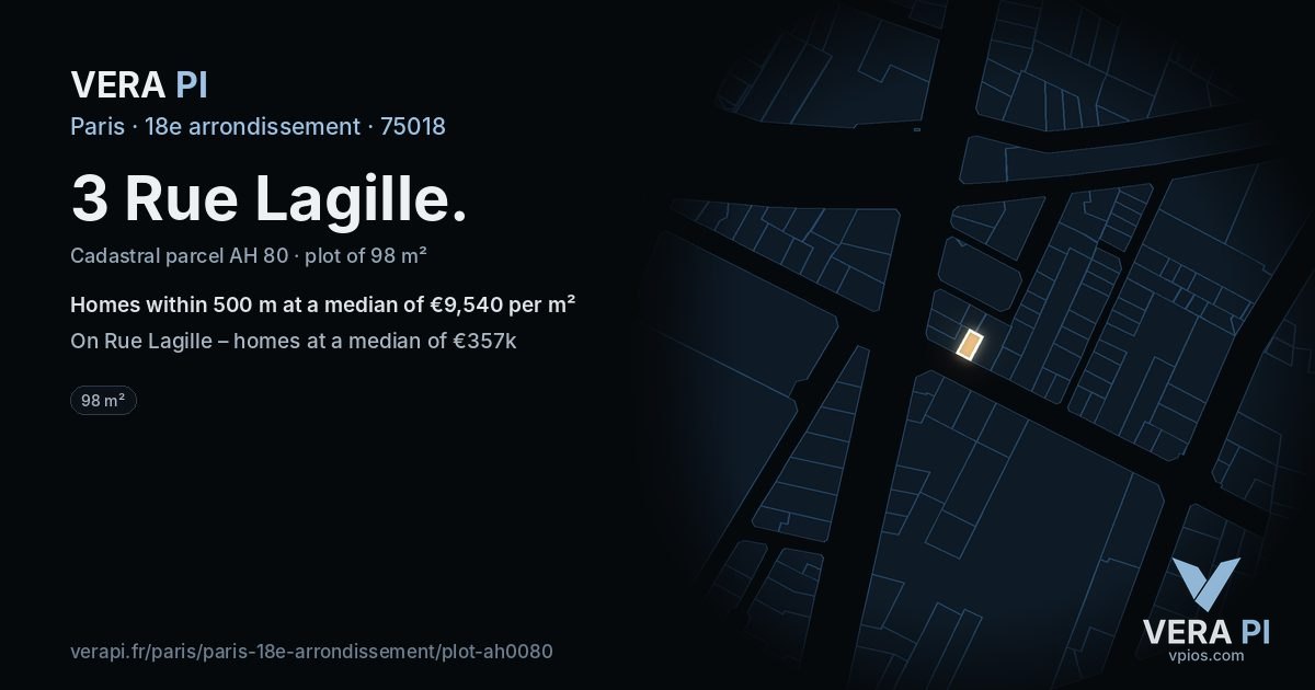 3 Rue Lagille, 18e arrondissement at night – the plot lit, the parcels around coloured by the prices near them