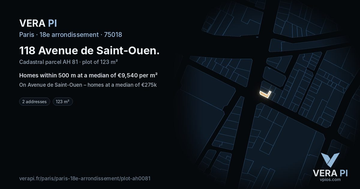 118 Avenue de Saint-Ouen, 18e arrondissement at night – the plot lit, the parcels around coloured by the prices near them