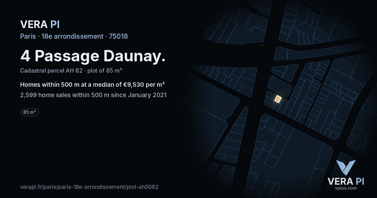 4 Passage Daunay, 18e arrondissement at night – the plot lit, the parcels around coloured by the prices near them