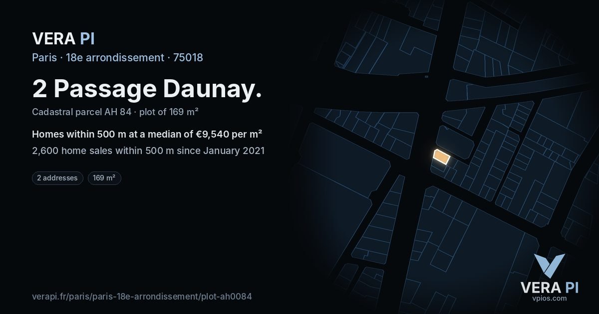 2 Passage Daunay, 18e arrondissement at night – the plot lit, the parcels around coloured by the prices near them