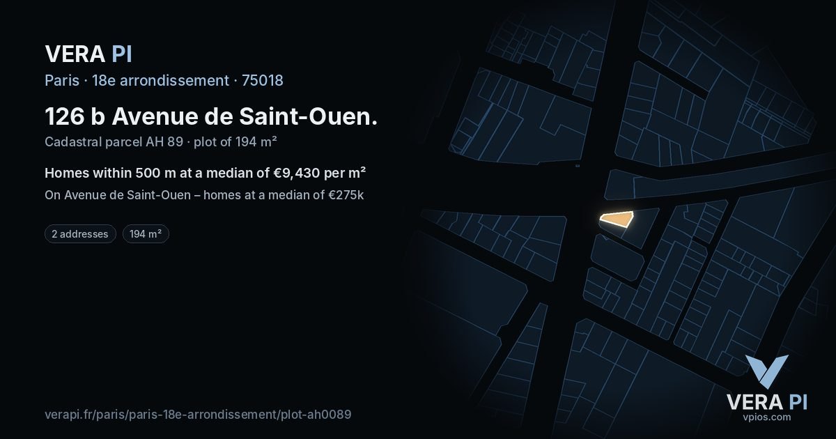126 b Avenue de Saint-Ouen, 18e arrondissement at night – the plot lit, the parcels around coloured by the prices near them