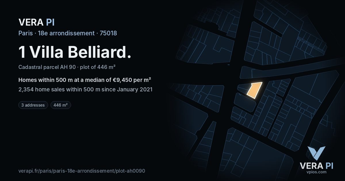 1 Villa Belliard, 18e arrondissement at night – the plot lit, the parcels around coloured by the prices near them