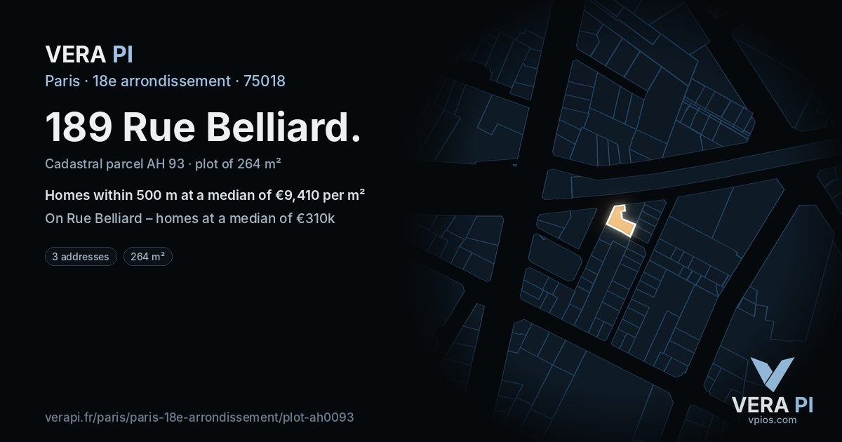 189 Rue Belliard, 18e arrondissement at night – the plot lit, the parcels around coloured by the prices near them