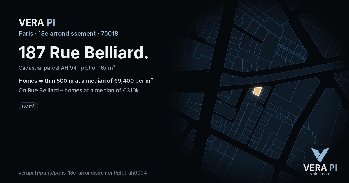187 Rue Belliard, 18e arrondissement at night – the plot lit, the parcels around coloured by the prices near them