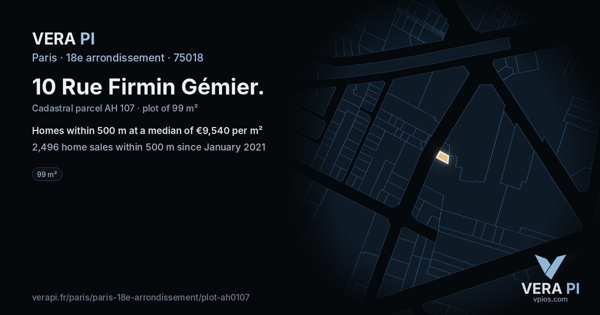 10 Rue Firmin Gémier, 18e arrondissement at night – the plot lit, the parcels around coloured by the prices near them
