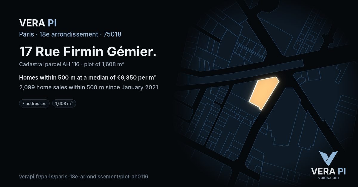 17 Rue Firmin Gémier, 18e arrondissement at night – the plot lit, the parcels around coloured by the prices near them