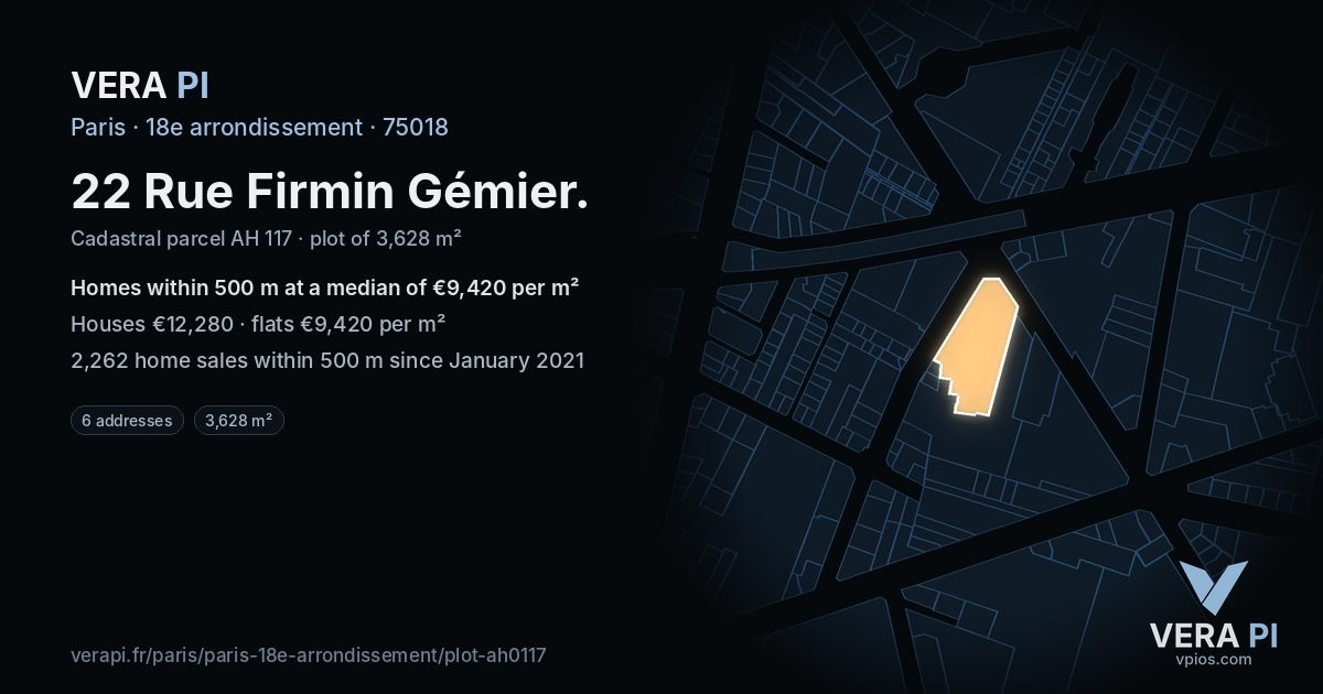 22 Rue Firmin Gémier, 18e arrondissement at night – the plot lit, the parcels around coloured by the prices near them