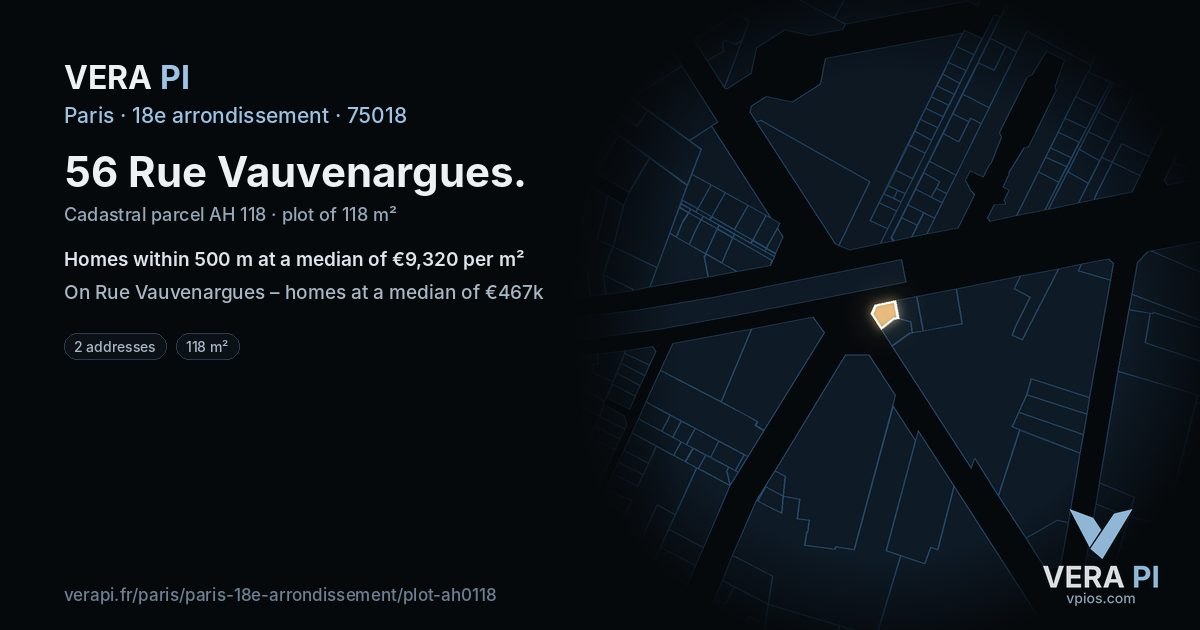 56 Rue Vauvenargues, 18e arrondissement at night – the plot lit, the parcels around coloured by the prices near them