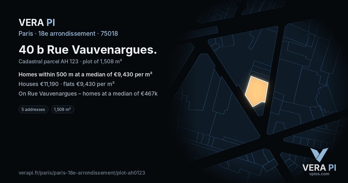 40 b Rue Vauvenargues, 18e arrondissement at night – the plot lit, the parcels around coloured by the prices near them