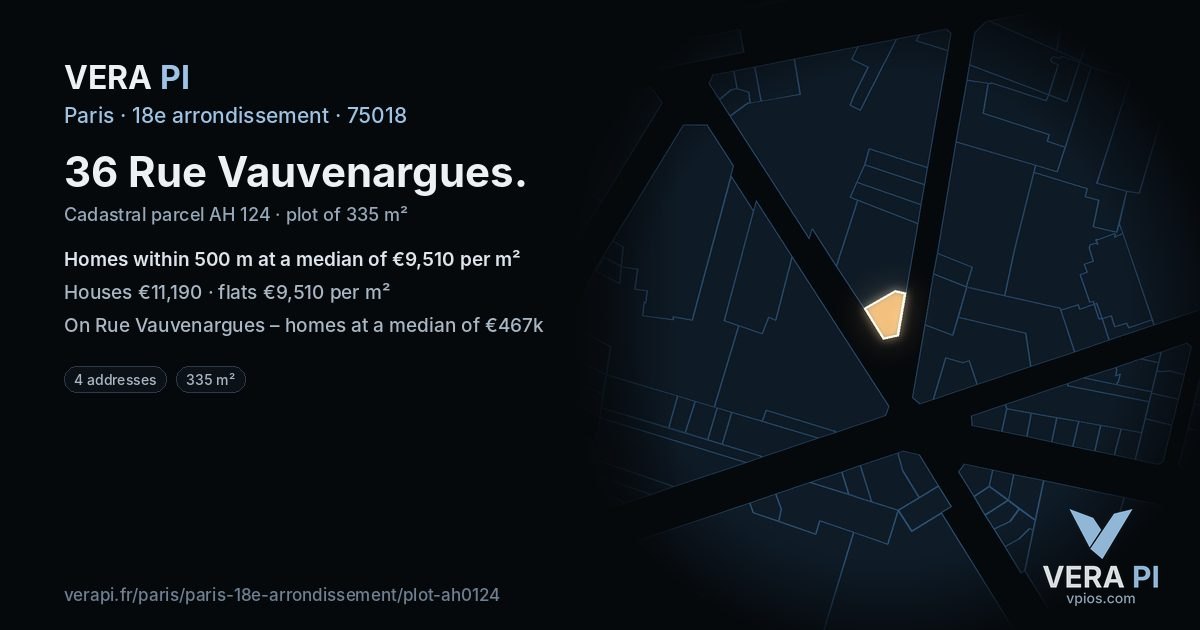 36 Rue Vauvenargues, 18e arrondissement at night – the plot lit, the parcels around coloured by the prices near them
