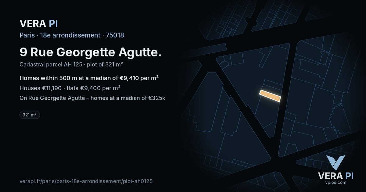 9 Rue Georgette Agutte, 18e arrondissement at night – the plot lit, the parcels around coloured by the prices near them