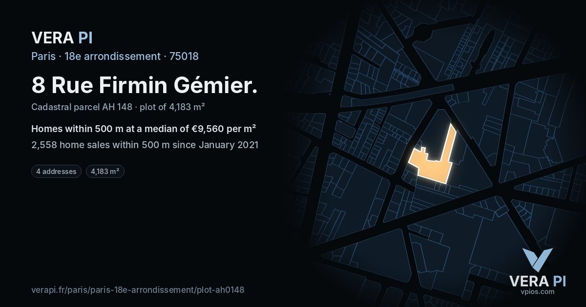 8 Rue Firmin Gémier, 18e arrondissement at night – the plot lit, the parcels around coloured by the prices near them