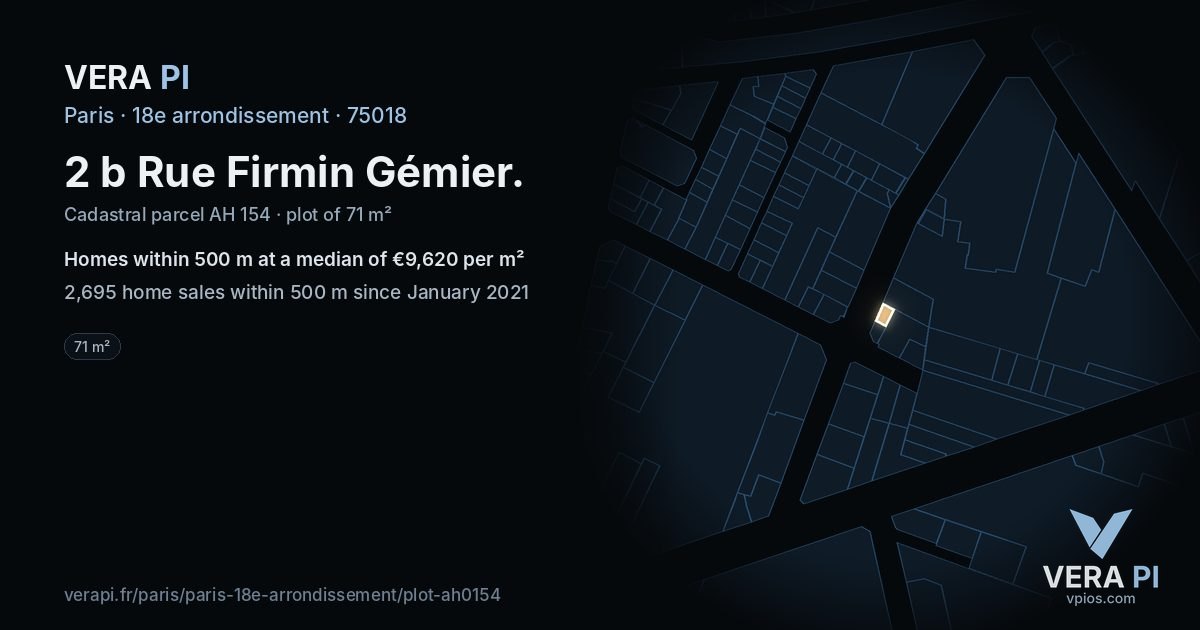2 b Rue Firmin Gémier, 18e arrondissement at night – the plot lit, the parcels around coloured by the prices near them