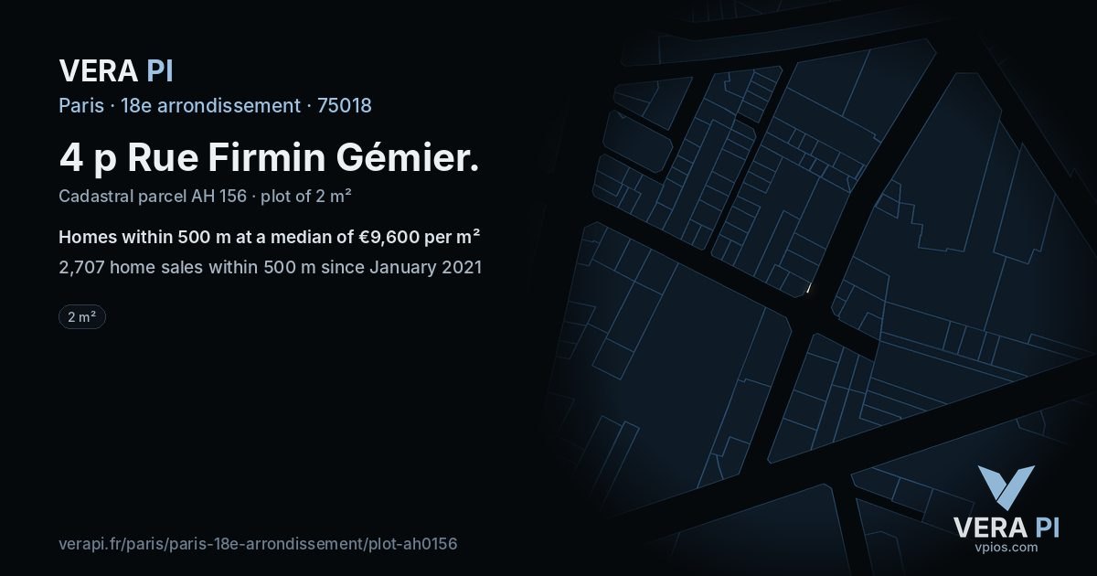 4 p Rue Firmin Gémier, 18e arrondissement at night – the plot lit, the parcels around coloured by the prices near them