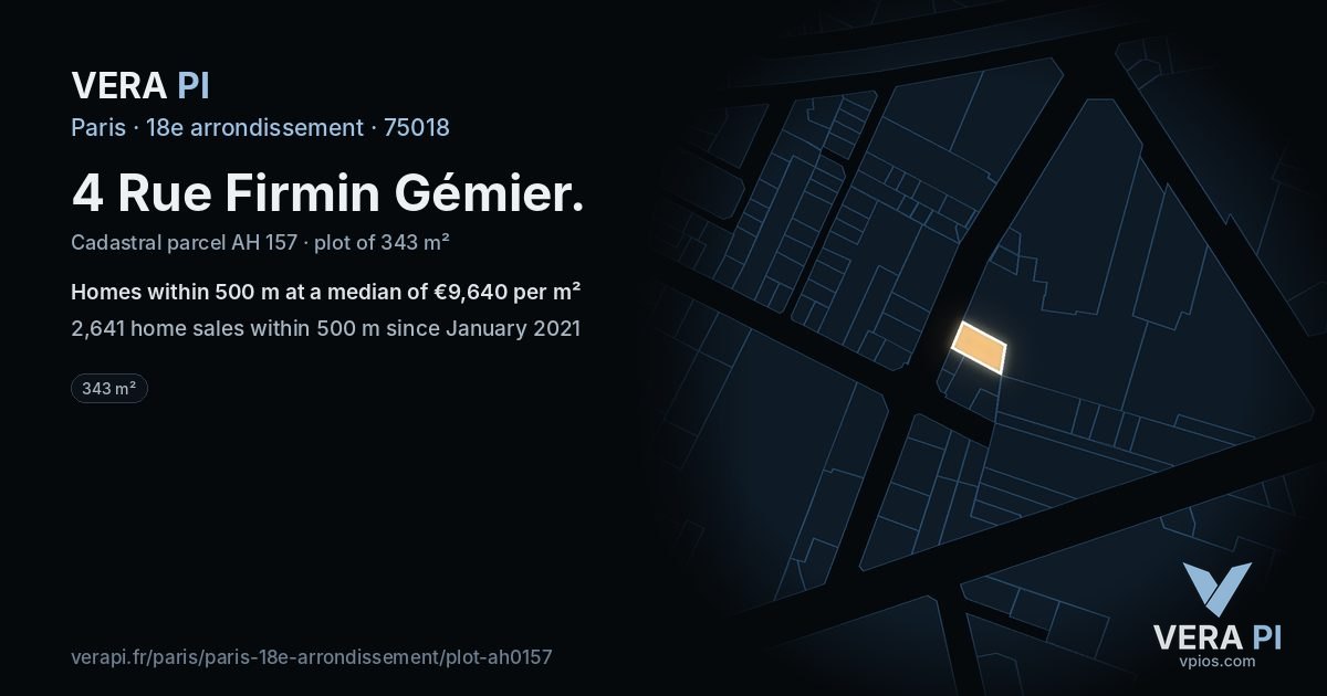 4 Rue Firmin Gémier, 18e arrondissement at night – the plot lit, the parcels around coloured by the prices near them