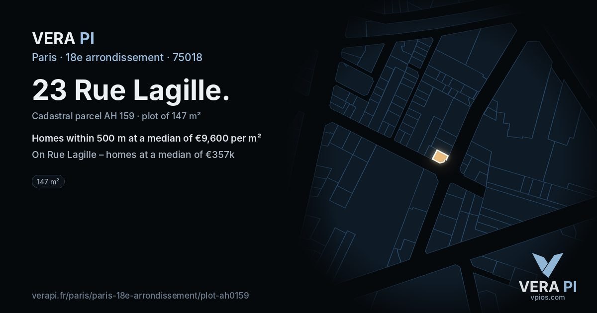 23 Rue Lagille, 18e arrondissement at night – the plot lit, the parcels around coloured by the prices near them
