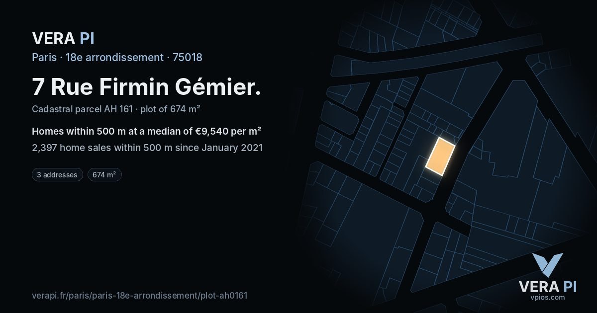 7 Rue Firmin Gémier, 18e arrondissement at night – the plot lit, the parcels around coloured by the prices near them