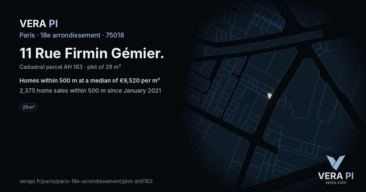 11 Rue Firmin Gémier, 18e arrondissement at night – the plot lit, the parcels around coloured by the prices near them