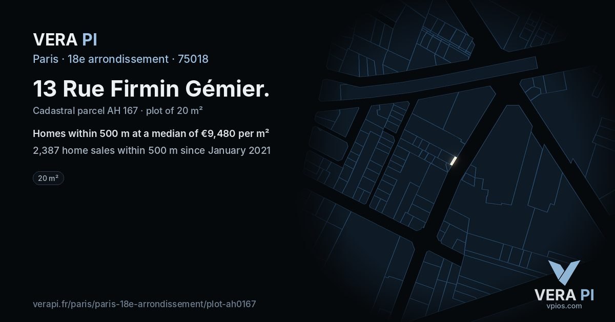 13 Rue Firmin Gémier, 18e arrondissement at night – the plot lit, the parcels around coloured by the prices near them