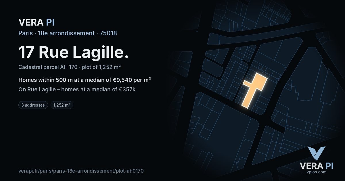 17 Rue Lagille, 18e arrondissement at night – the plot lit, the parcels around coloured by the prices near them