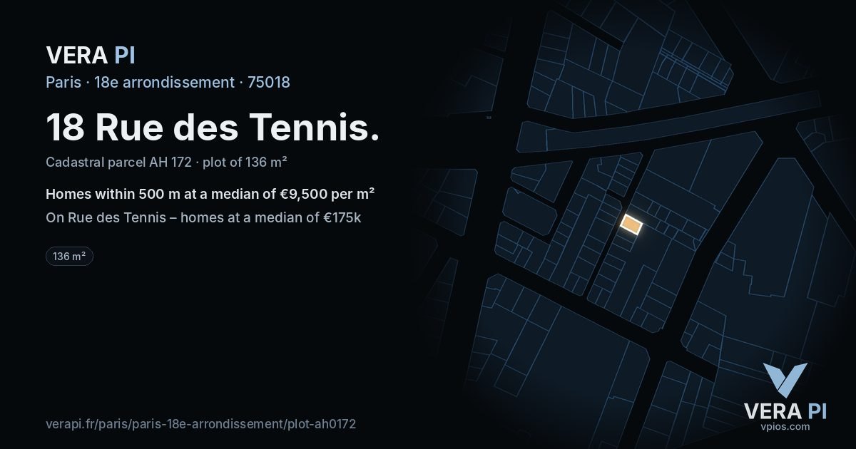 18 Rue des Tennis, 18e arrondissement at night – the plot lit, the parcels around coloured by the prices near them
