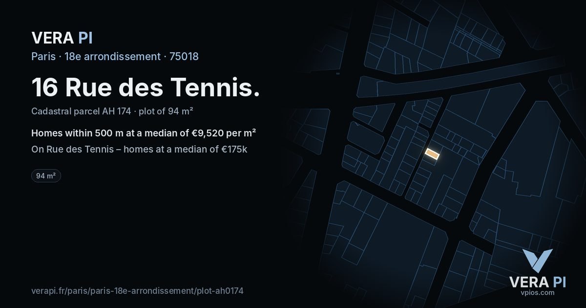 16 Rue des Tennis, 18e arrondissement at night – the plot lit, the parcels around coloured by the prices near them