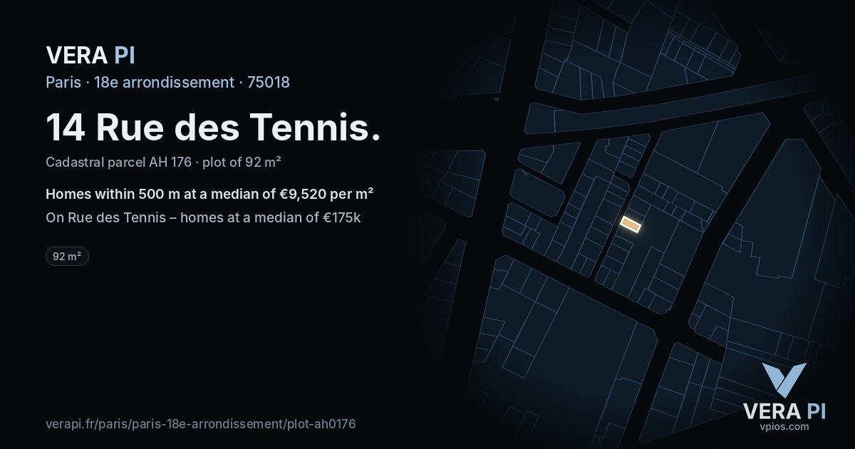 14 Rue des Tennis, 18e arrondissement at night – the plot lit, the parcels around coloured by the prices near them