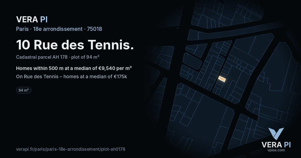 10 Rue des Tennis, 18e arrondissement at night – the plot lit, the parcels around coloured by the prices near them