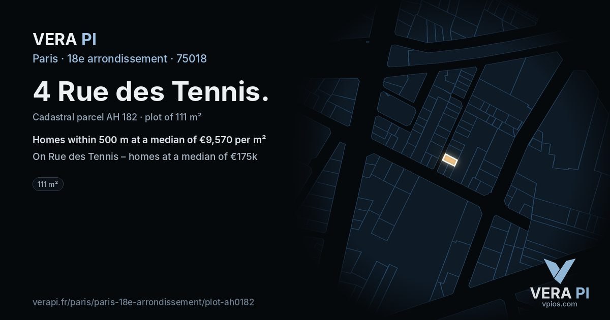 4 Rue des Tennis, 18e arrondissement at night – the plot lit, the parcels around coloured by the prices near them