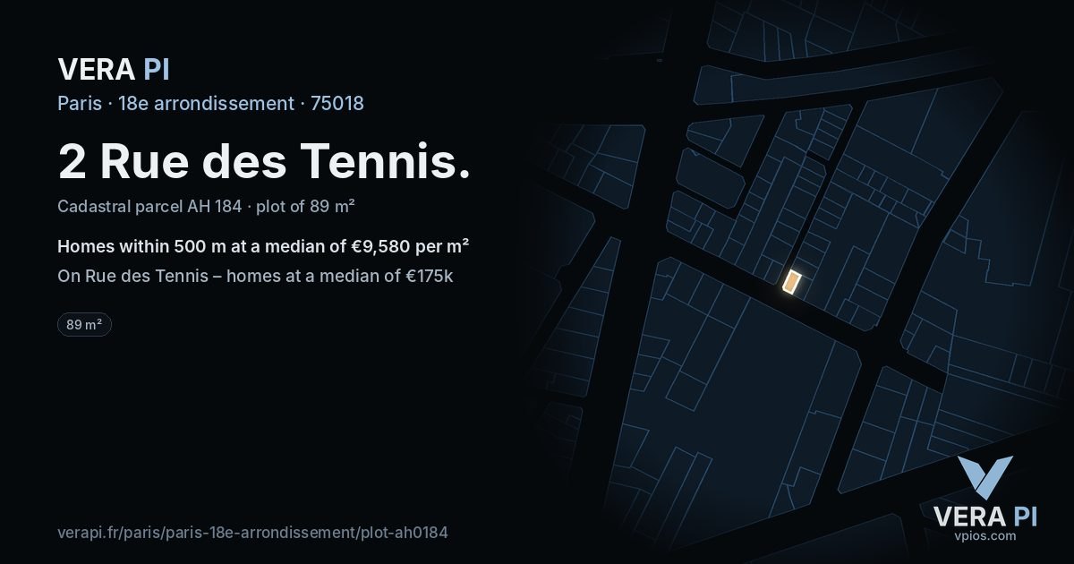 2 Rue des Tennis, 18e arrondissement at night – the plot lit, the parcels around coloured by the prices near them