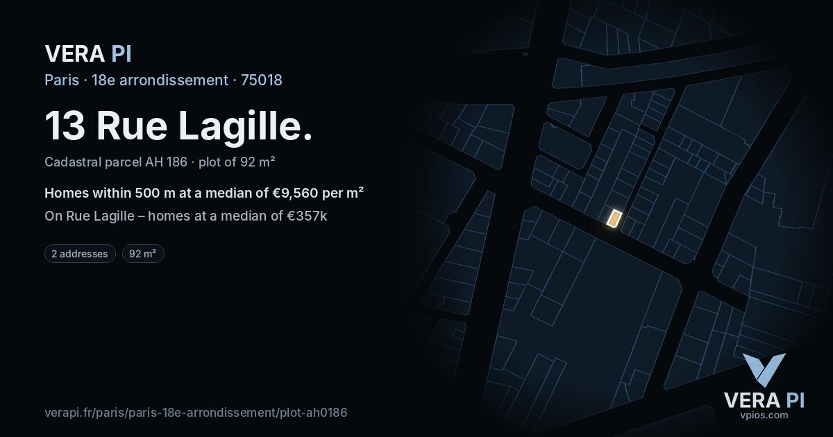 13 Rue Lagille, 18e arrondissement at night – the plot lit, the parcels around coloured by the prices near them