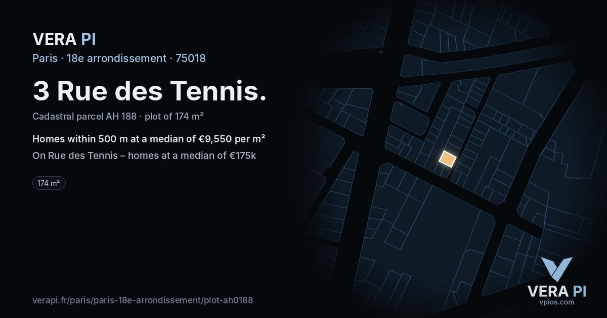 3 Rue des Tennis, 18e arrondissement at night – the plot lit, the parcels around coloured by the prices near them