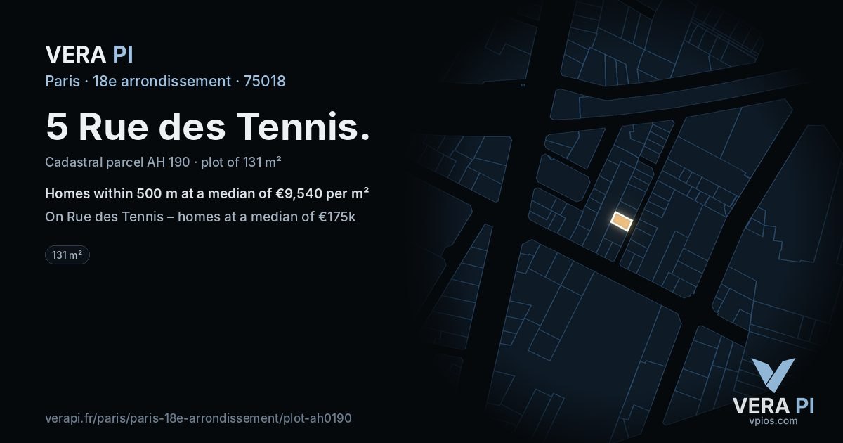5 Rue des Tennis, 18e arrondissement at night – the plot lit, the parcels around coloured by the prices near them