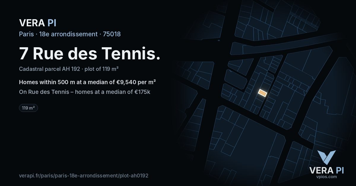 7 Rue des Tennis, 18e arrondissement at night – the plot lit, the parcels around coloured by the prices near them