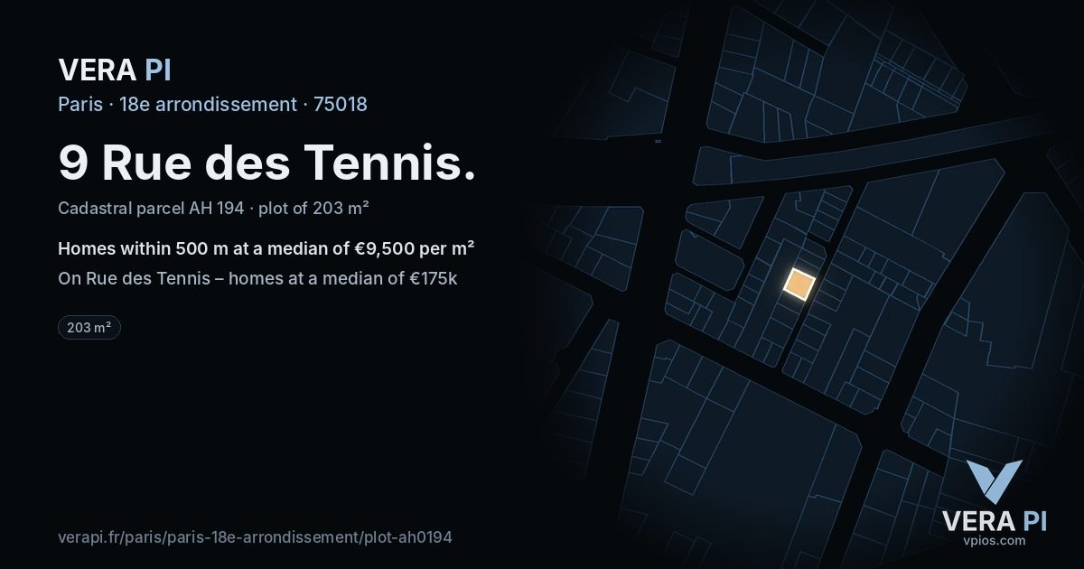 9 Rue des Tennis, 18e arrondissement at night – the plot lit, the parcels around coloured by the prices near them
