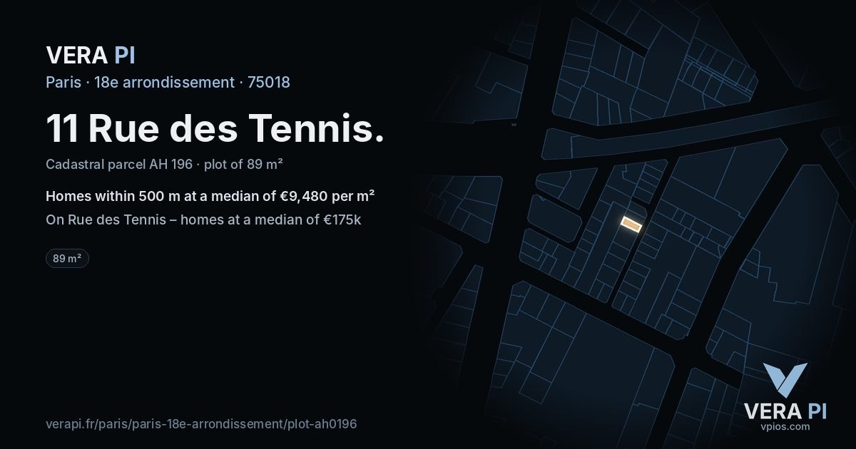 11 Rue des Tennis, 18e arrondissement at night – the plot lit, the parcels around coloured by the prices near them