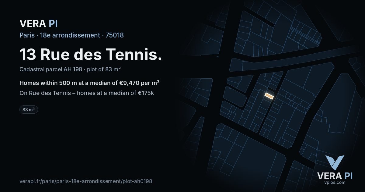 13 Rue des Tennis, 18e arrondissement at night – the plot lit, the parcels around coloured by the prices near them