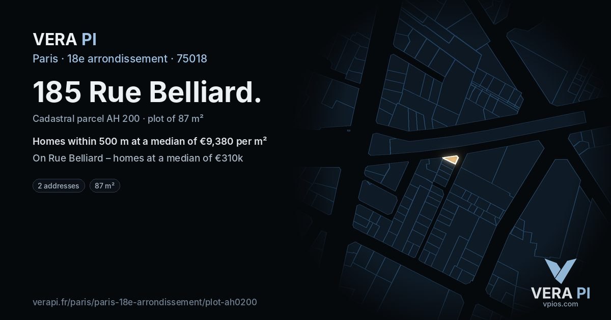 185 Rue Belliard, 18e arrondissement at night – the plot lit, the parcels around coloured by the prices near them