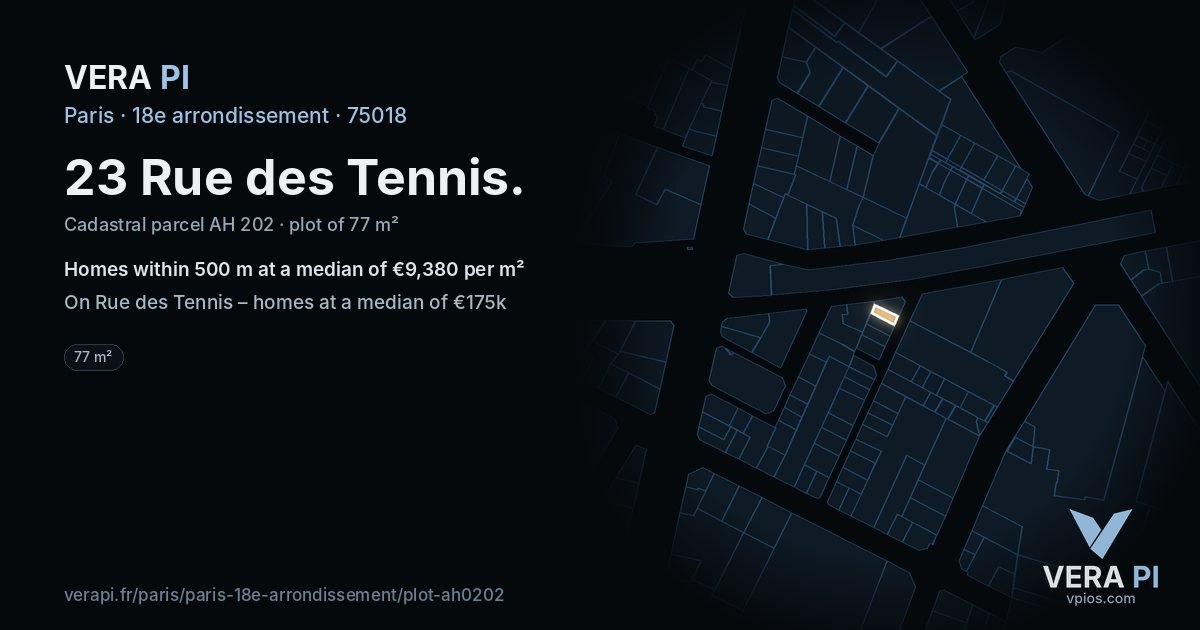 23 Rue des Tennis, 18e arrondissement at night – the plot lit, the parcels around coloured by the prices near them