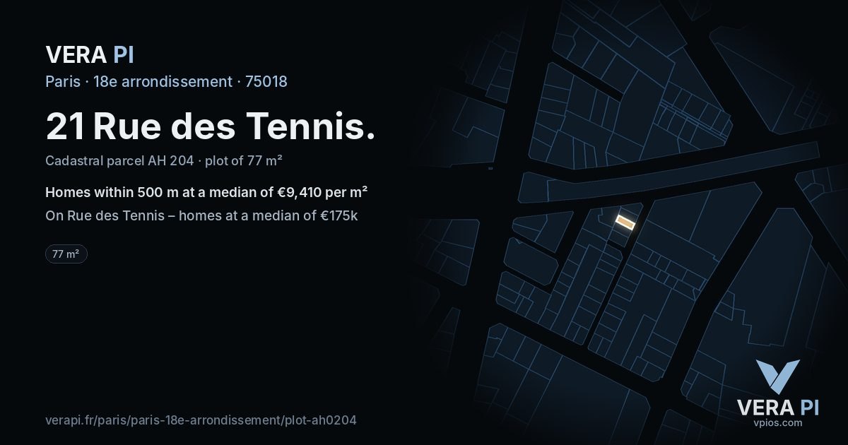 21 Rue des Tennis, 18e arrondissement at night – the plot lit, the parcels around coloured by the prices near them