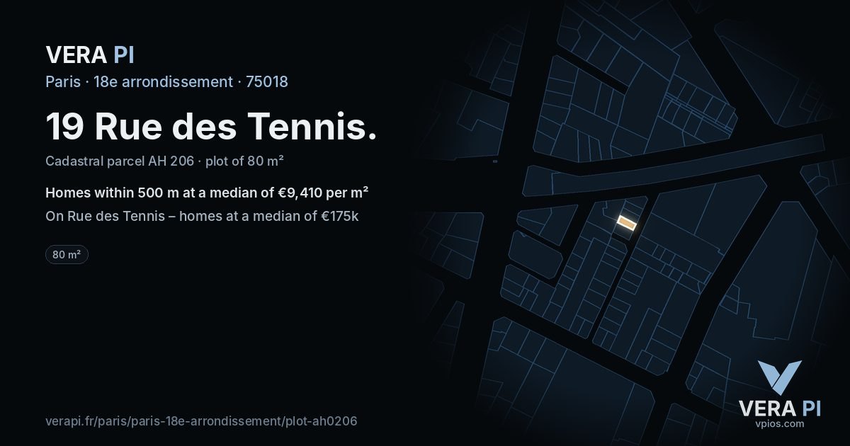 19 Rue des Tennis, 18e arrondissement at night – the plot lit, the parcels around coloured by the prices near them