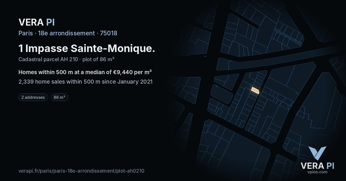 1 Impasse Sainte-Monique, 18e arrondissement at night – the plot lit, the parcels around coloured by the prices near them