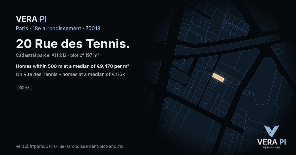 20 Rue des Tennis, 18e arrondissement at night – the plot lit, the parcels around coloured by the prices near them