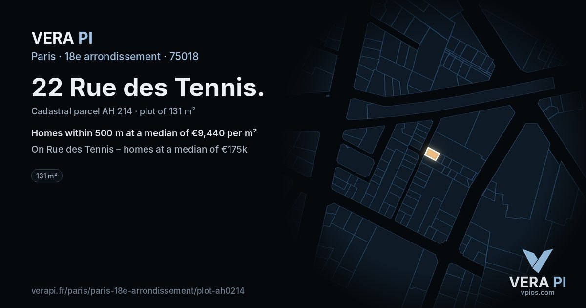 22 Rue des Tennis, 18e arrondissement at night – the plot lit, the parcels around coloured by the prices near them