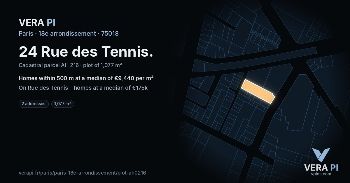 24 Rue des Tennis, 18e arrondissement at night – the plot lit, the parcels around coloured by the prices near them