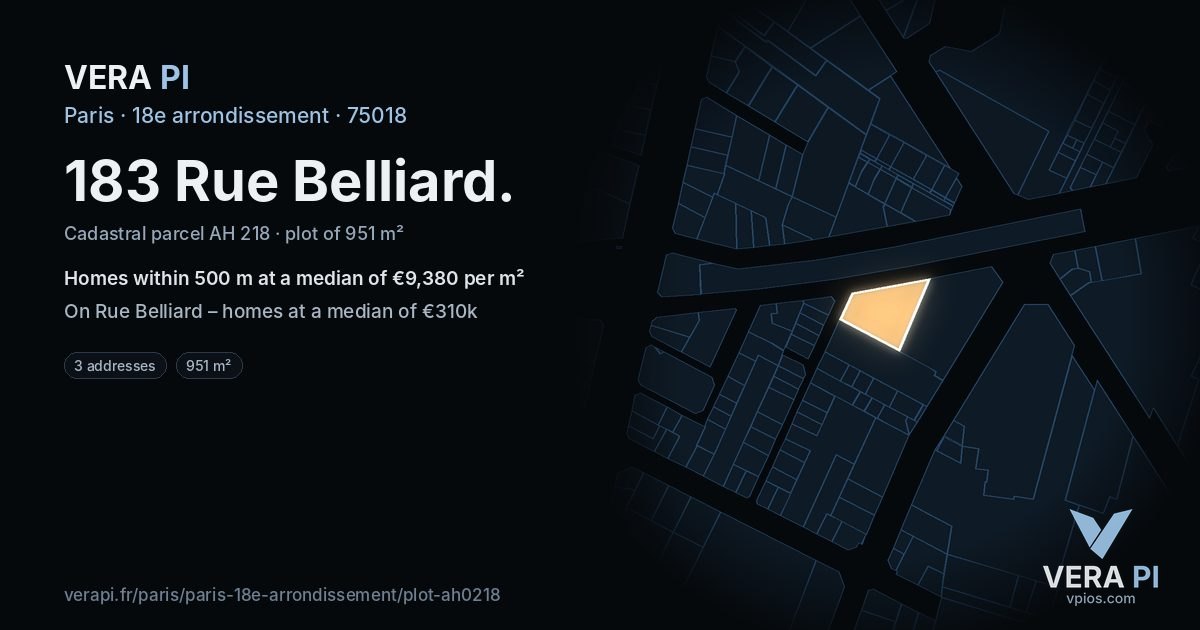 183 Rue Belliard, 18e arrondissement at night – the plot lit, the parcels around coloured by the prices near them