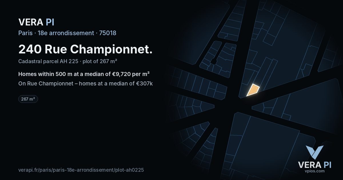 240 Rue Championnet, 18e arrondissement at night – the plot lit, the parcels around coloured by the prices near them