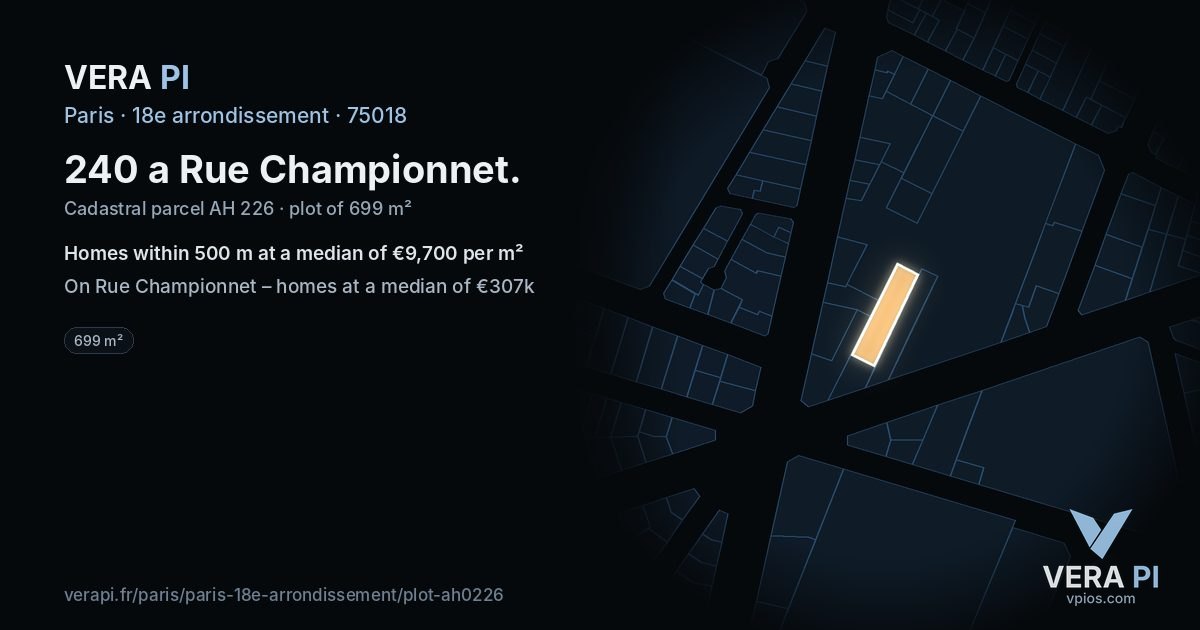 240 a Rue Championnet, 18e arrondissement at night – the plot lit, the parcels around coloured by the prices near them
