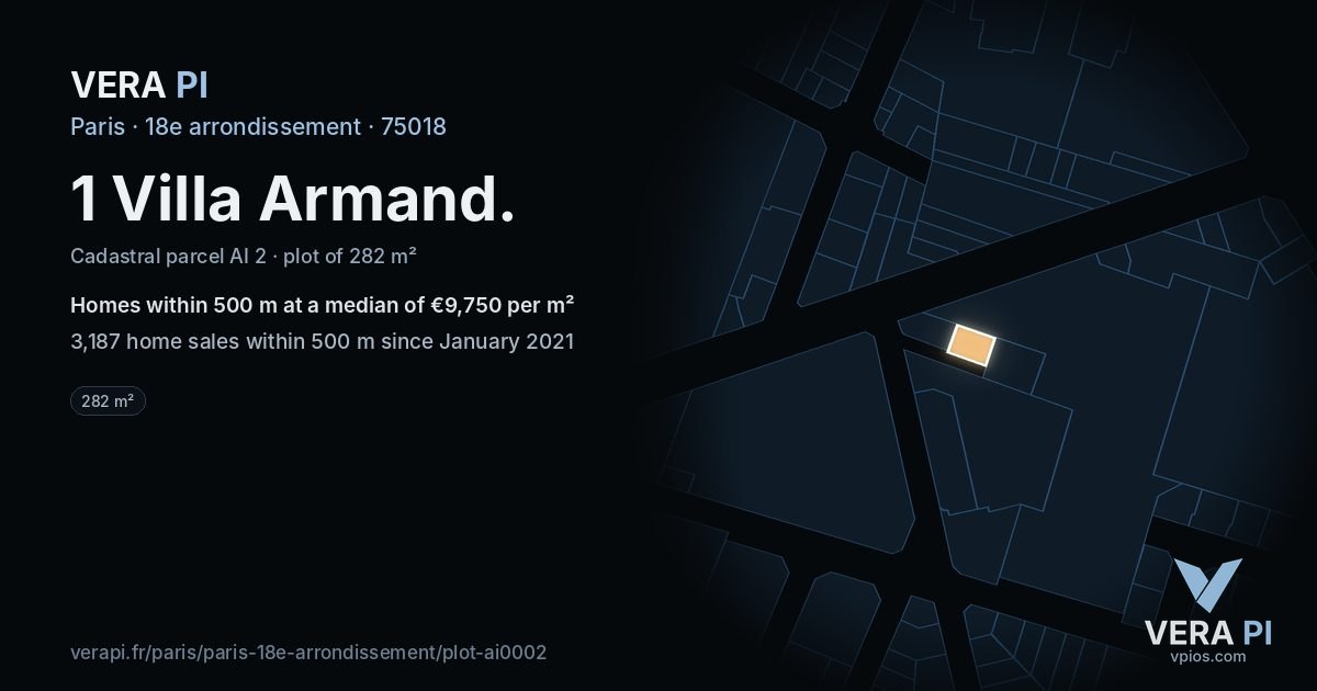 1 Villa Armand, 18e arrondissement at night – the plot lit, the parcels around coloured by the prices near them